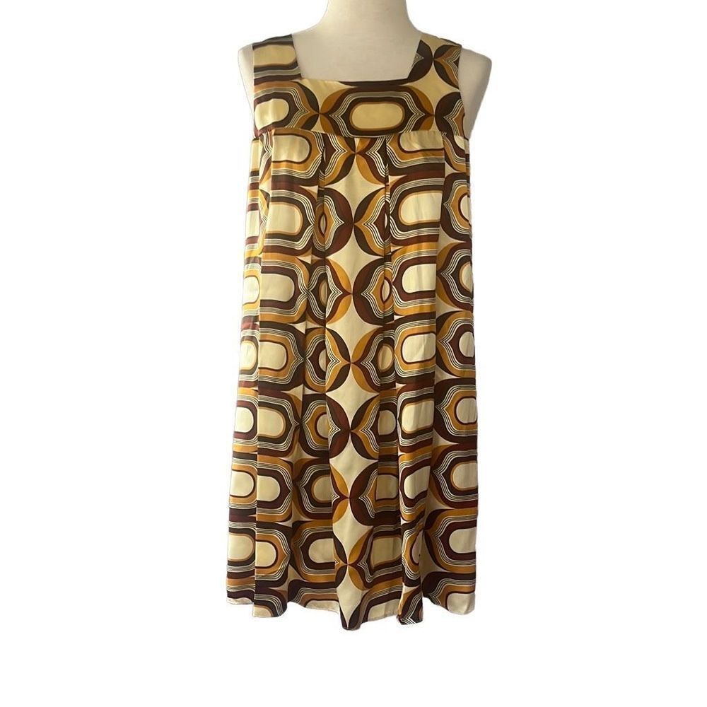 ABS Allen Schwartz Retro Print Midi Dress in Brown and Cream NWOT